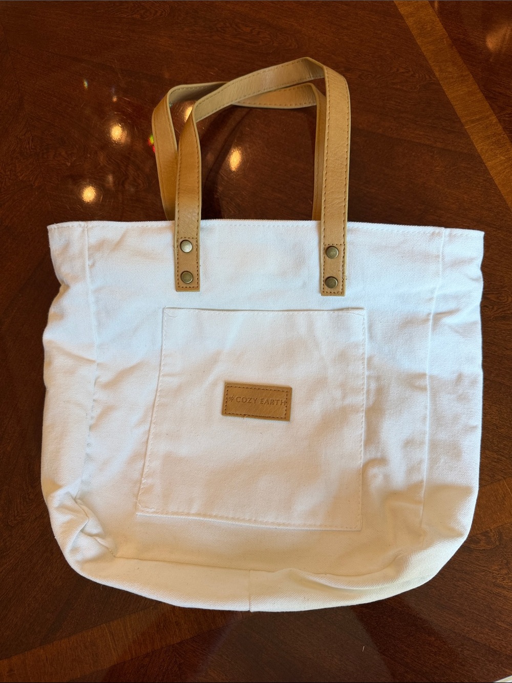 Cozy Earth White Canvas Tote with Tan Leather Handles